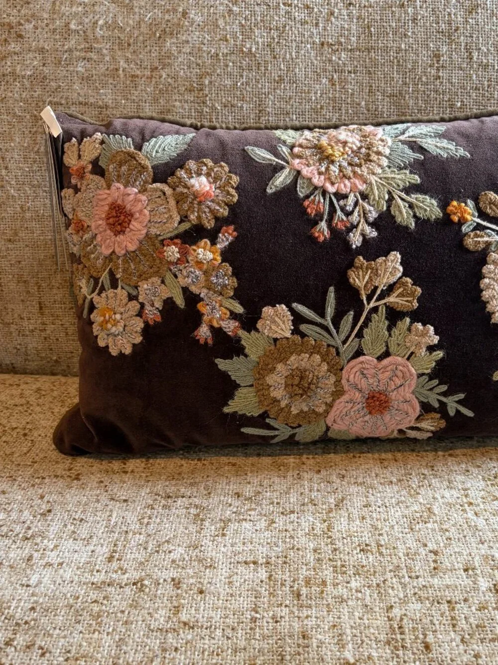 Embroidered Floral Brown Velvet Lumbar Pillow Aphorism 14